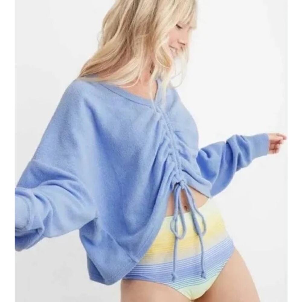 Aerie terry towel cinched sweatshirt V neck crop lounge medium periwinkle